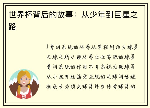 世界杯背后的故事：从少年到巨星之路